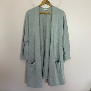 DONNI. Gray and White Striped Ribbed Slubbed Pocket Cardigan Top One Size